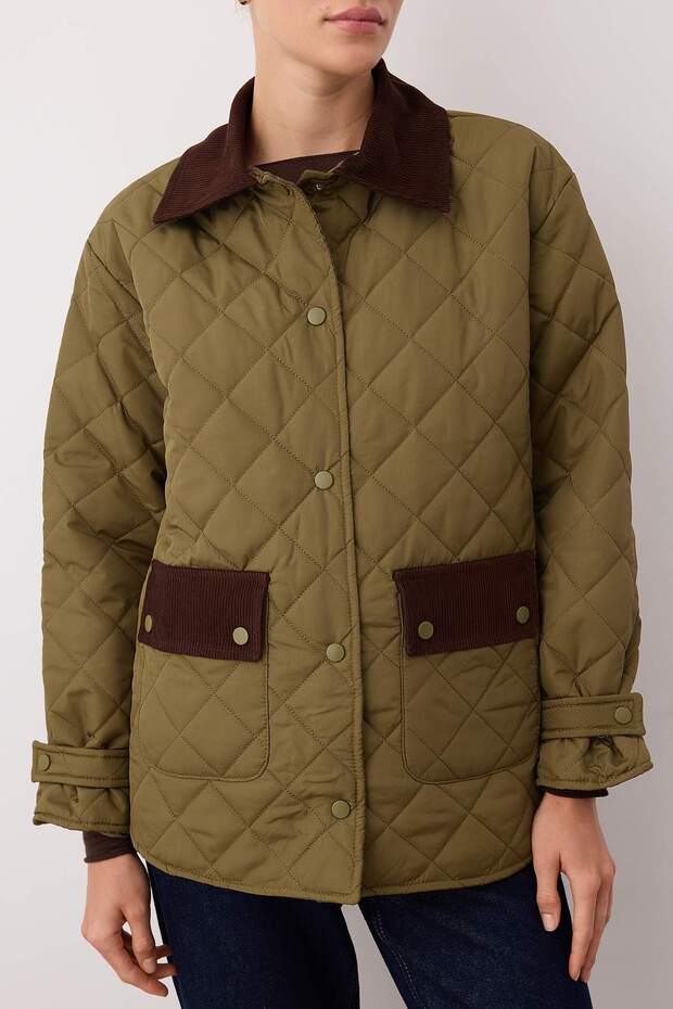 Ciemnozielona oversize'owa kurtka z kołnierzem i aksamitnymi detalami TWOAW26MO00139 - 3