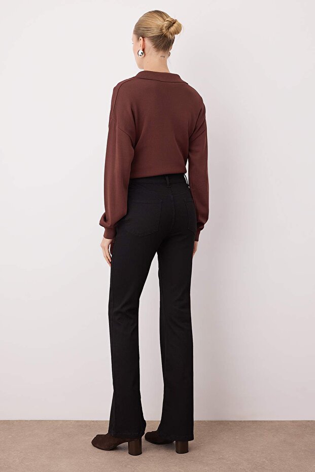 Siyah Yüksek Bel Comfort/Esnek Düğme Detaylı Flare İspanyol Paça Jeans TWOAW26JE00240 - 4