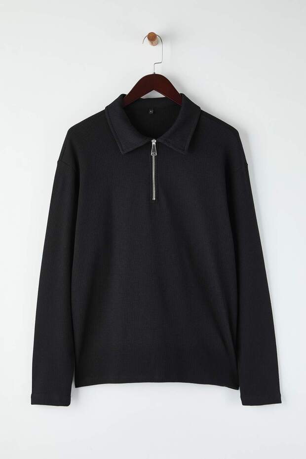 Siyah Düşük Omuz Regular Fermuarlı Polo Yaka T-shirt/Sweatshirt TMNAW26PO00000 - 5