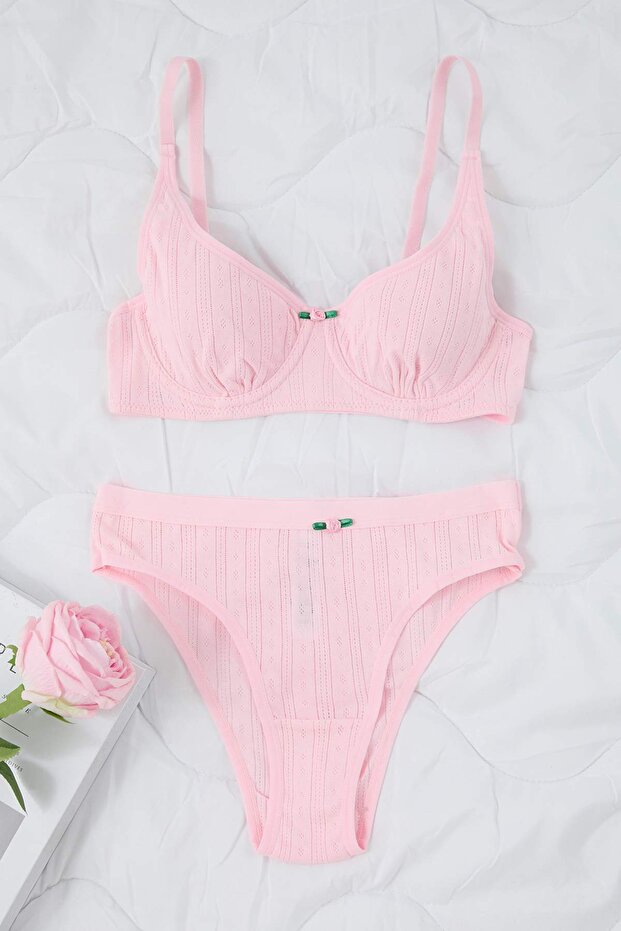 Açık Pembe %100 Pamuklu Fitilli Çiçek Aplike Kapsız Örme İç Çamaşırı Takımı THMAW26CC00003 - 5
