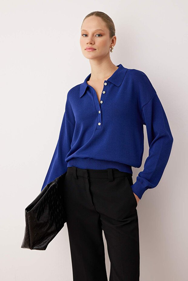 Wardrobe Essentials Saks Merserize Görünümlü Polo Yaka Triko Kazak|TWOAW26KZ00042 - 1
