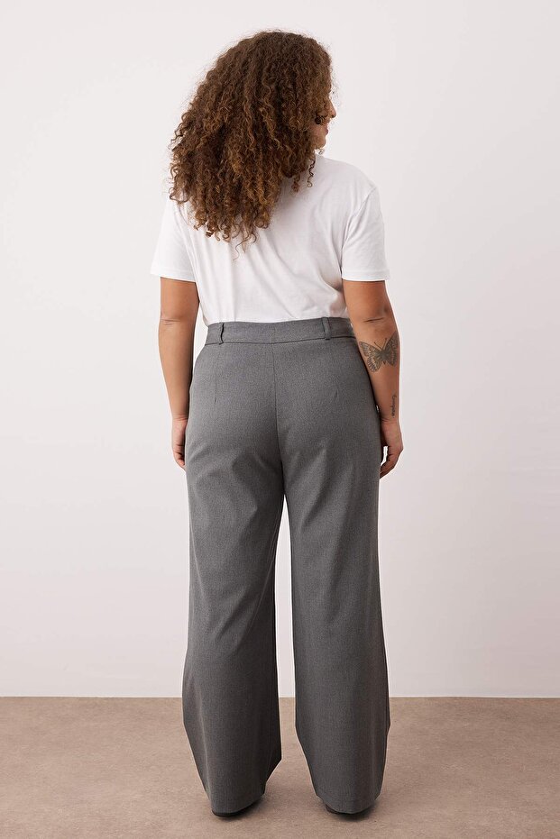 Gri Lastik Belli Wide Leg Büyük Beden Dokuma Pantolon TBBAW26AR00019 - 5