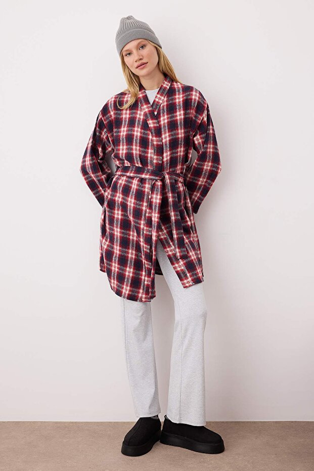 Kırmızı-Çok Renkli Kuşaklı Ekoseli Kışlık Flannel Dokuma Sabahlık THMAW26SB00001 - 2