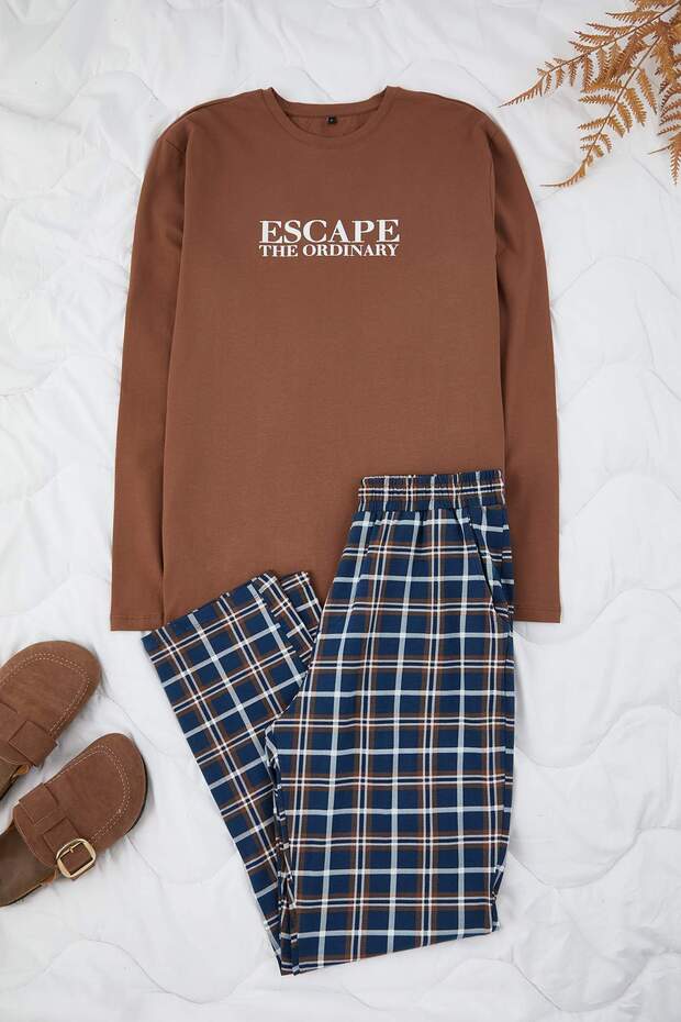 Kahverengi Regular Ekose / Kareli Örme Pijama Takımı TMNAW26PT00055 - 1
