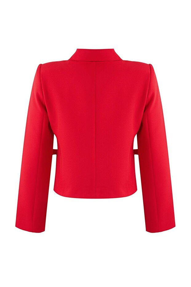 Kırmızı Fiyonk/Kurdele Detaylı Gömlek Yakalı Crop Dokuma Yılbaşı Blazer Ceket TWOAW25BC00018 - 8