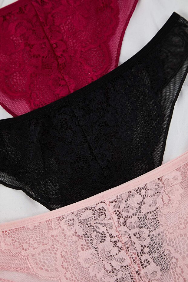 Çok Renkli 3'lü Paket Dantelli Brazilian Örme Külot THMAW26KU00047 - 4