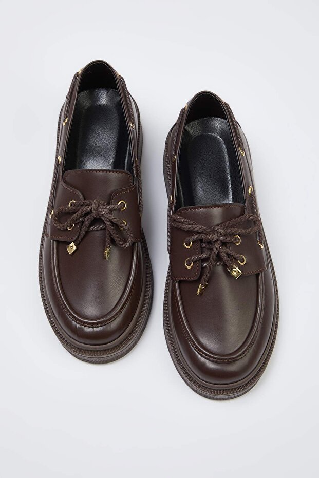 Kahverengi Bağcık Detaylı Kadın Loafer TAKAW26LA00005 - 3