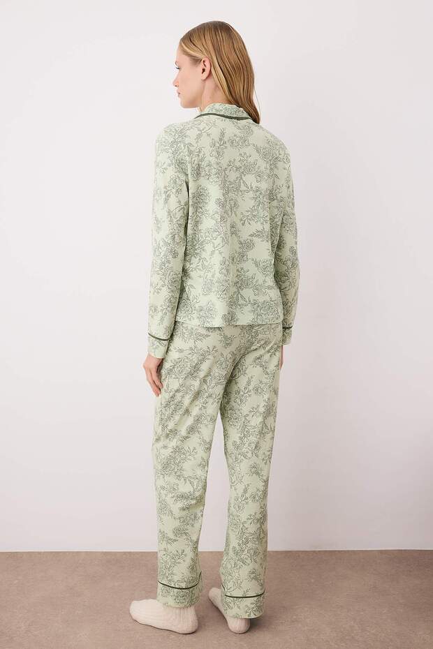 Yeşil %100 Pamuklu Çiçekli Gömlek Yaka Biyeli Örme Pijama Takımı THMAW26PT00152 - 4