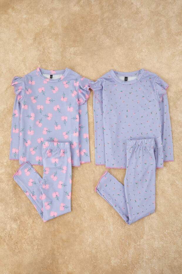 Lila Baskılı 4'lü Örme Regular Kız Çocuk Alt-Üst Pijama Takımı TKDAW26PT00012 - 3