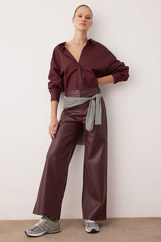Bordo Suni Deri Wide Leg Cep Detaylı Örme Pantolon TWOAW26PL00096 - 1