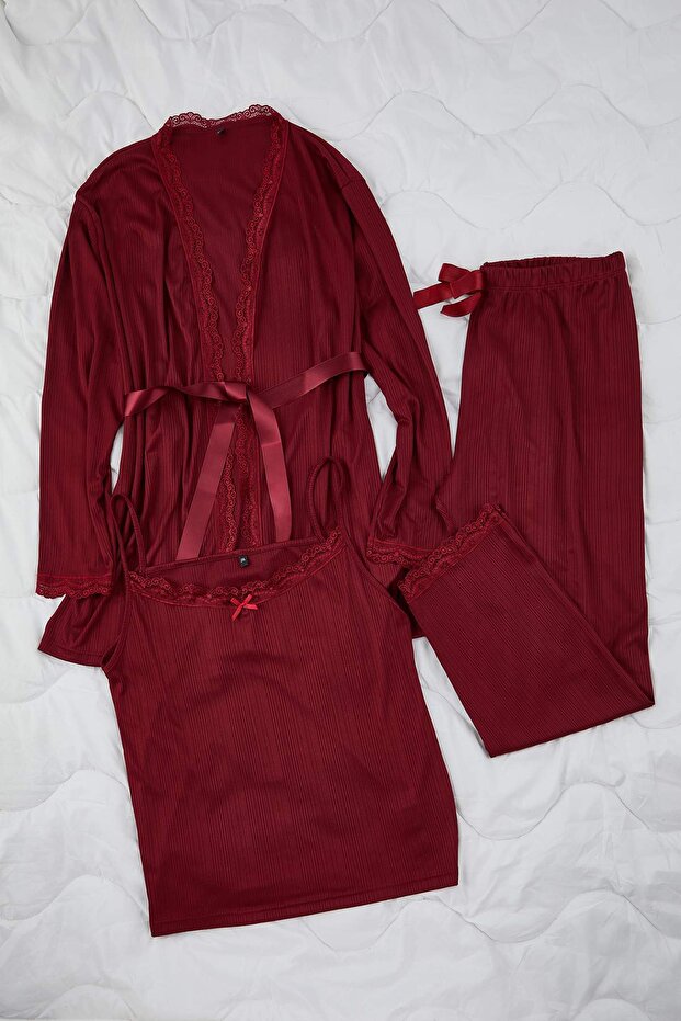 Bordo 3'lü Paket Bağlama ve Dantel Detaylı Örme Pijama Takımı TBBAW26AI00040 - 2
