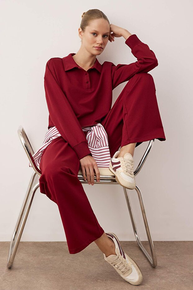 Bordo Polo Yaka Düğmeli Relaxed/Rahat Kalıp Örme Eşofman Takımı TWOAW26EM00013 - 2