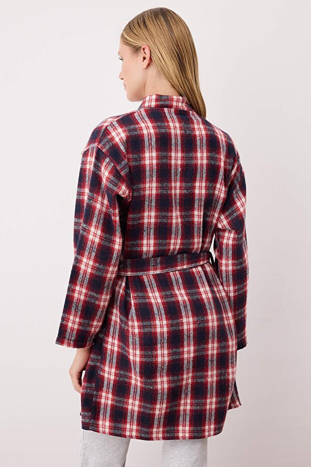 Kırmızı-Çok Renkli Kuşaklı Ekoseli Kışlık Flannel Dokuma Sabahlık THMAW26SB00001 - 4