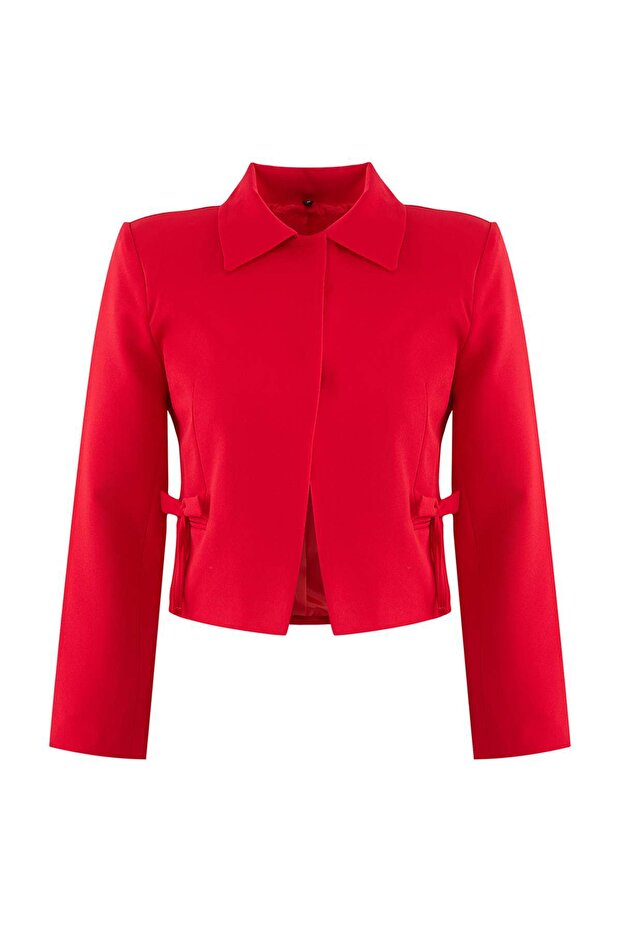 Kırmızı Fiyonk/Kurdele Detaylı Gömlek Yakalı Crop Dokuma Yılbaşı Blazer Ceket TWOAW25BC00018 - 6