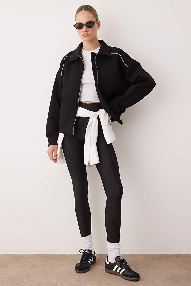 Siyah Oversize/Geniş Kalıp Fermuarlı Biye Detaylı Örme Sweatshirt TWOAW26SW00147 - 2