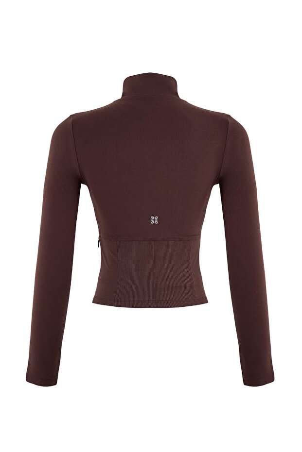 Kahverengi Fırçalı Soft Kumaş Baş Parmak Delikli Örme Spor Ceket/Sweatshirt THMAW25SK00001 - 8