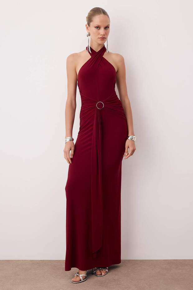 Bordo Aksesuar Detaylı Örme Maxi Şık Abiye Gece Mezuniyet Elbisesi TPRSS25AE00014 - 1