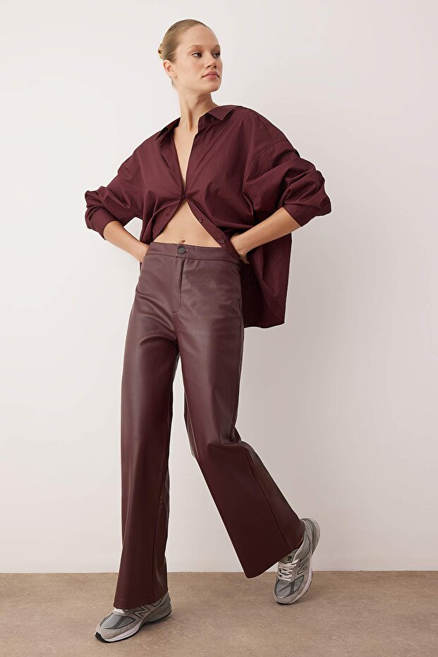 Bordo Suni Deri Wide Leg Cep Detaylı Örme Pantolon TWOAW26PL00096 - 2