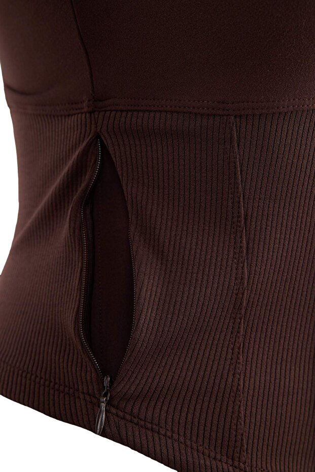 Kahverengi Fırçalı Soft Kumaş Baş Parmak Delikli Örme Spor Ceket/Sweatshirt THMAW25SK00001 - 7