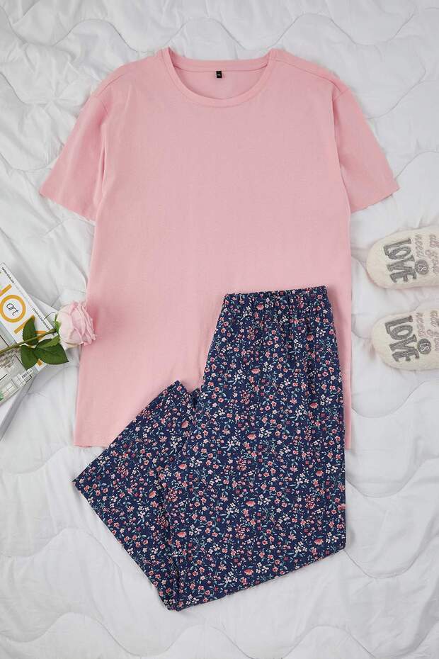 Pembe Çiçekli Kapri Örme Pijama Takımı TBBSS25AI00002 - 3