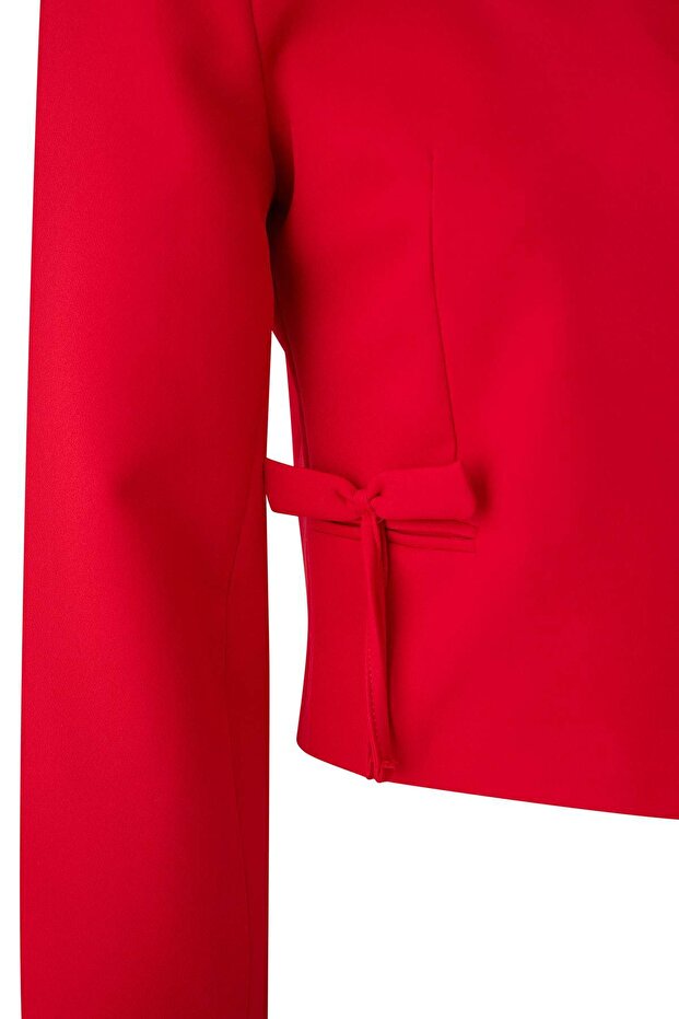 Kırmızı Fiyonk/Kurdele Detaylı Gömlek Yakalı Crop Dokuma Yılbaşı Blazer Ceket TWOAW25BC00018 - 7