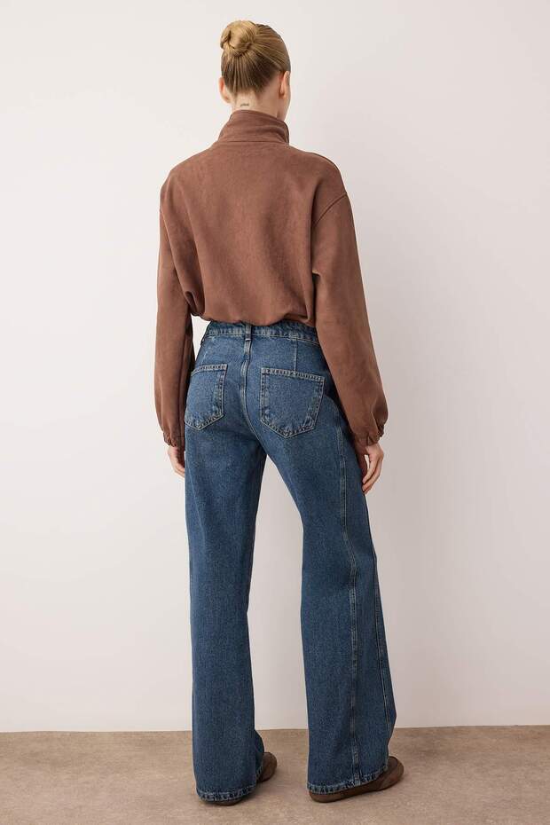 Koyu Mavi More Sustainable Normal Bel Dikiş Detaylı Wide Leg Jeans TWOAW26JE00223 - 4