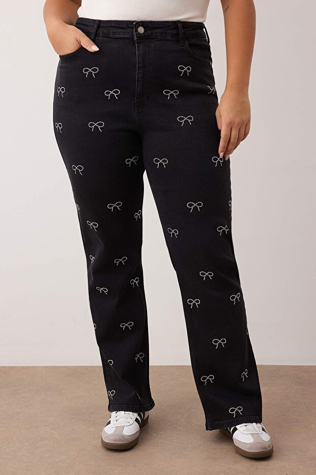 Siyah Yüksek Bel Comfort Straight Fit Büyük Beden Jeans TBBSS25CJ00023 - 3