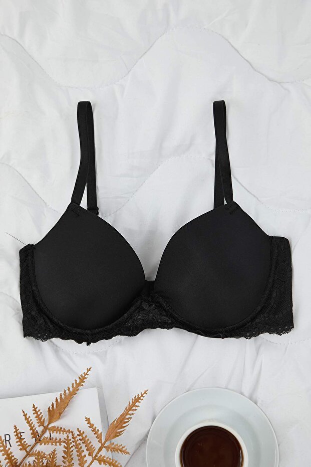 Siyah Micro Dantel Detaylı Kaplı T-Shirt Bra Örme Sütyen THMAW26SU00010 - 7