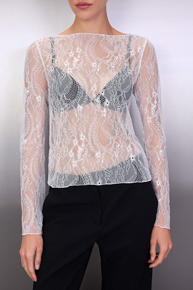 Beyaz Regular Fit Kayık Yaka Dantel Esnek Örme Bluz TWOSS23BZ00795 - 3