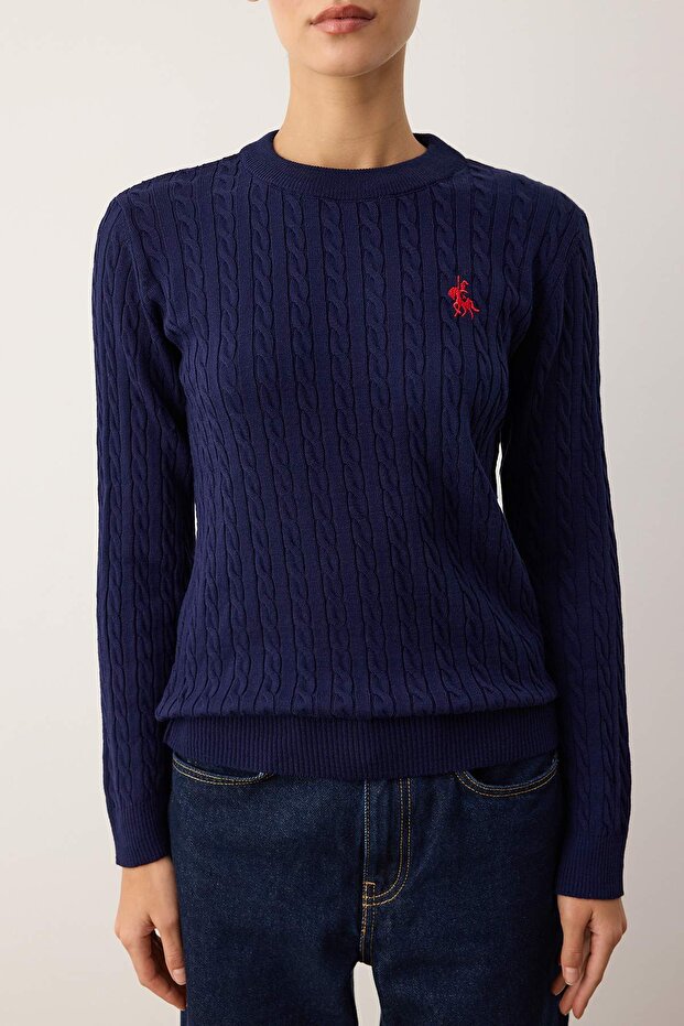 Navy Blue Horse Embroidered Hair Knit Thin Knitwear Sweater Twoaw26Kz00122 - 3