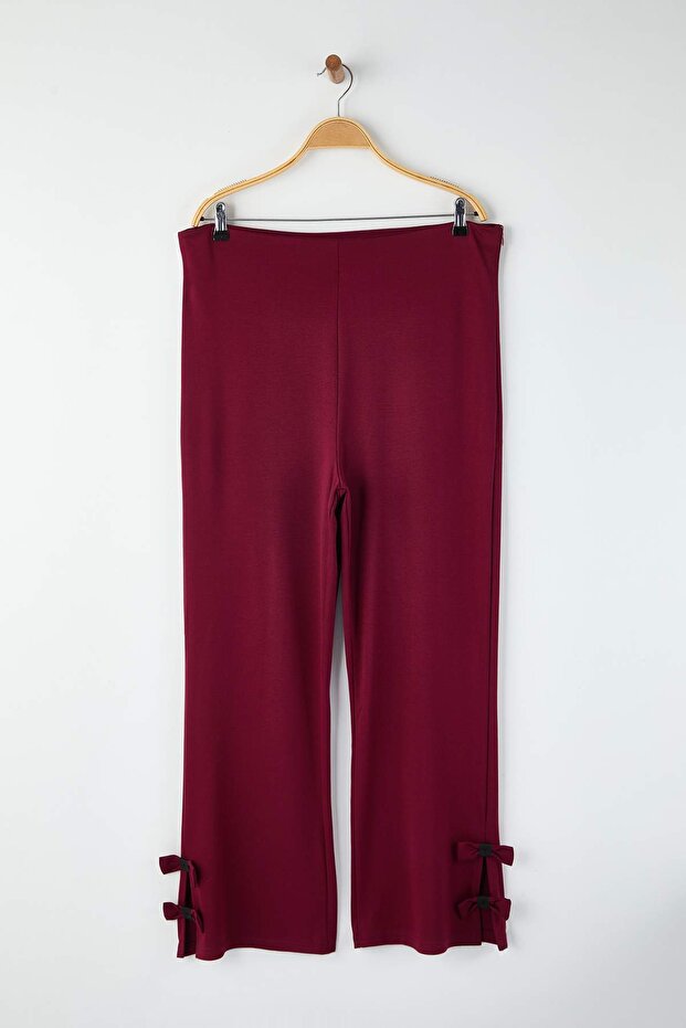 Bordo Paçası Fiyonk Detaylı Flare Fit Örme Büyük Beden Pantolon TBBAW26AR00003 - 5