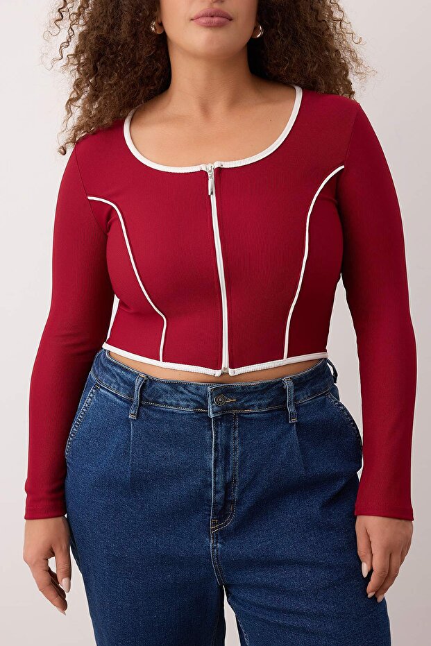 Bordo Teen Kontrast Biye Detaylı Fitted/Vücuda Oturan Fermuarlı Yaka Esnek Örme Bluz TBBAW26AF00041 - 3