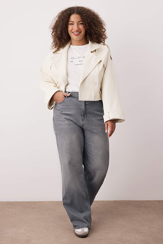 Gri Yüksek Bel Straight Fit %100 Pamuk Non-Strerch Denim Büyük Beden Jeans TBBSS24CJ00050 - 2