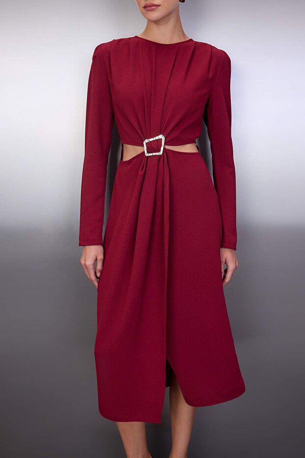 Bordo Düz Cut outlı Midi Dokuma Elbisesi TWOAW26EL00179 - 3