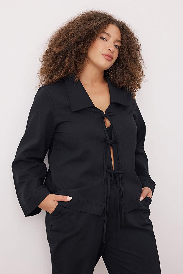 Siyah %100 Pamuklu Gabardin Bağcıklı Dokuma Büyük Beden Alt - Üst Takım TBBAW26CP00013 - 4