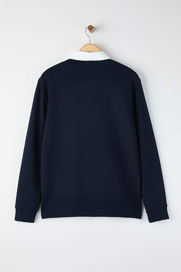 Lacivert Yeni Oversize/Geniş Kesim Yakası Dokuma Polo Yaka Sweatshirt TMNAW26SW00012 - 8