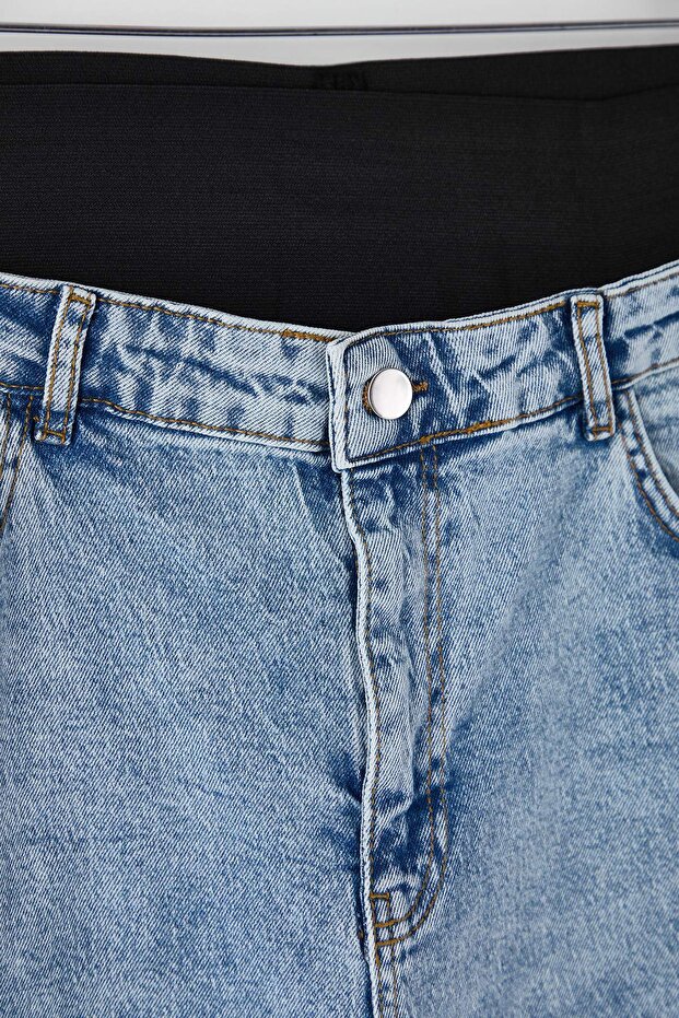 Mavi Yüksek Bel Beli Lastikli Geni Paça Büyük Beden Wide Leg Jeans TBBAW26CJ00029 - 6