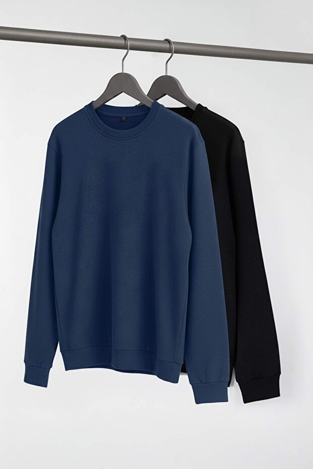 Siyah-Lacivert 2'li Paket Regular/Normal Kesim Basic Büyük Beden Sweatshirt TMNAW26AO00001 - 1