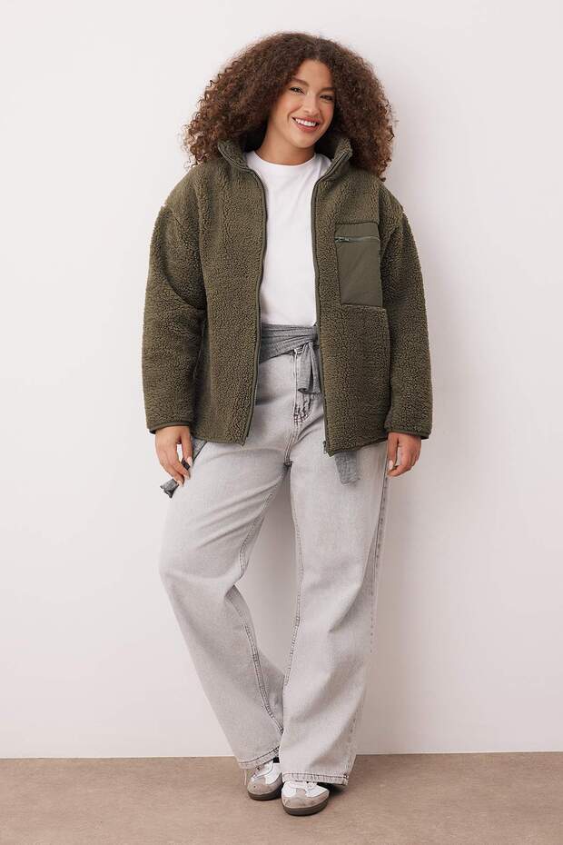 Winter Essentials Haki Kalın Polar Fermuarlı Dik Yaka Cepli Örme Sweatshirt TBBAW26AO00022 - 2