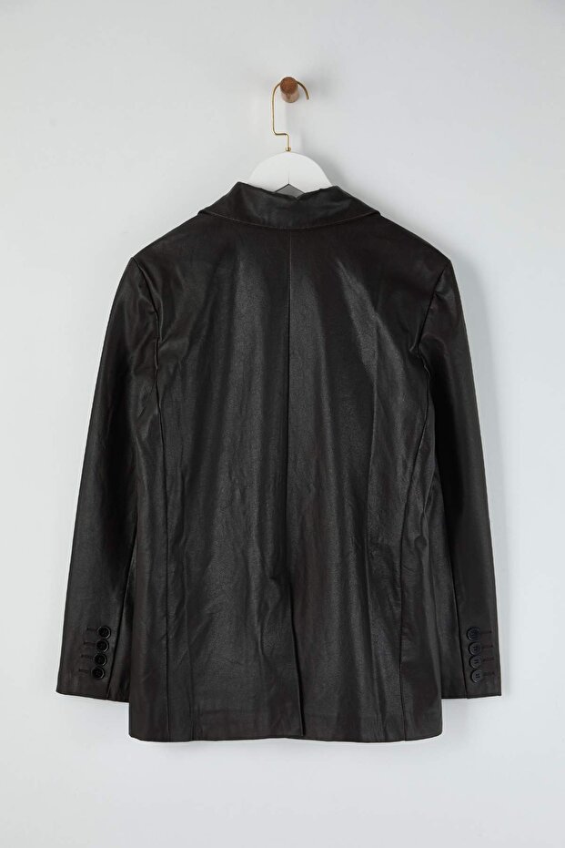 Siyah Yıkamalı Suni Deri Blazer Ceket TWOAW26BC00033 - 6
