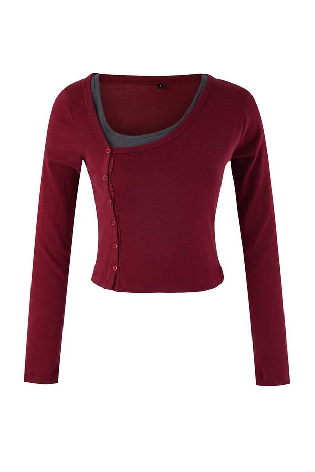 Bordo Çift Görünümlü Asimetrik Yaka Düğmeli Vücuda Oturan Esnek Örme Bluz TWOAW26BZ00042 - 5
