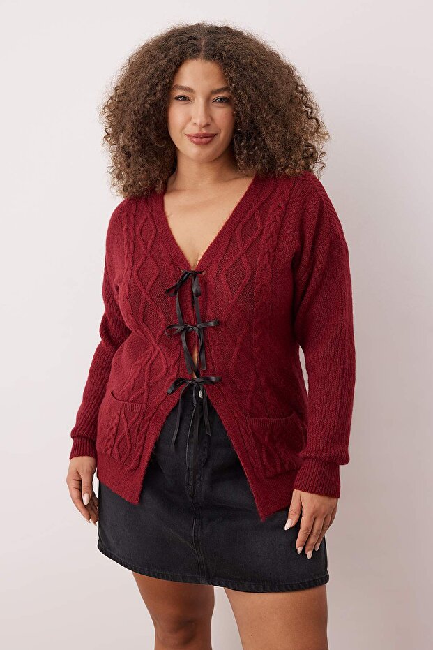 Bordo Kurdele/Fiyonk Detaylı Triko Hırka TBBAW26AV00013 - 2