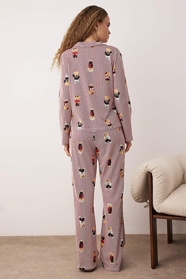 Çok Renkli %100 Pamuklu Ayıcık ve Çizgi Desenli Gömlek Yaka Örme Pijama Takımı THMAW26PT00171 - 4