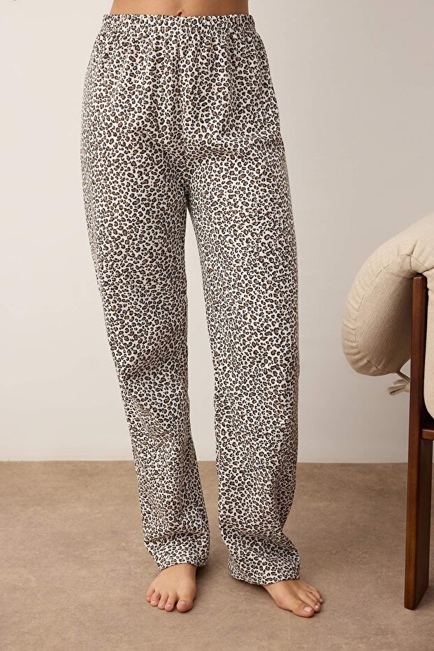 Çok Renkli Pamuklu Leopar Desenli Gömlek Yaka Örme Pijama Takımı THMAW26PT00195 - 3
