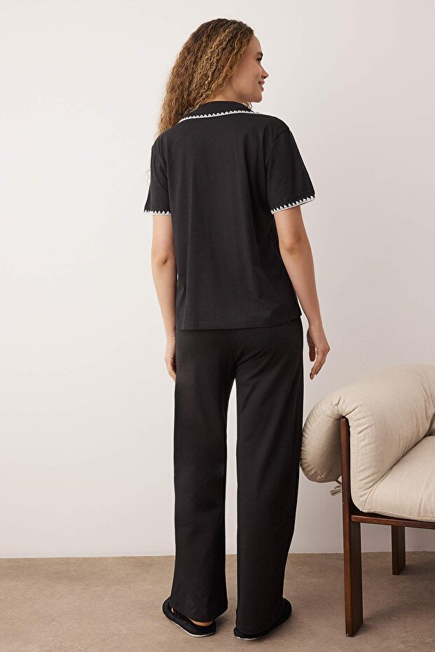 Siyah %100 Pamuklu Karyoka Dikişli Gömlek Yaka Örme Pijama Takımı THMAW26PT00133 - 4