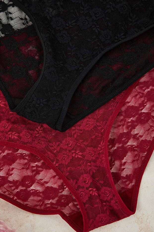 Siyah-Bordo 2'li Lastik Detaylı Dantel Hipster Örme Külot THMAW26KU00008 - 10