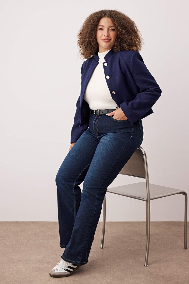 Koyu Mavi Yüksek Bel İspanyol Paça Flare Fit Denim Büyük Beden Jeans TBBAW26CJ00034 - 1