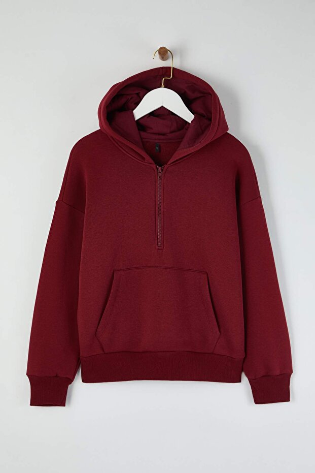 Teen Bordo Kapüşonlu Kalın İçi Polarlı Yarım Pat Fermuarlı Cepli Örme Sweatshirt TWOAW26SW00160 - 7