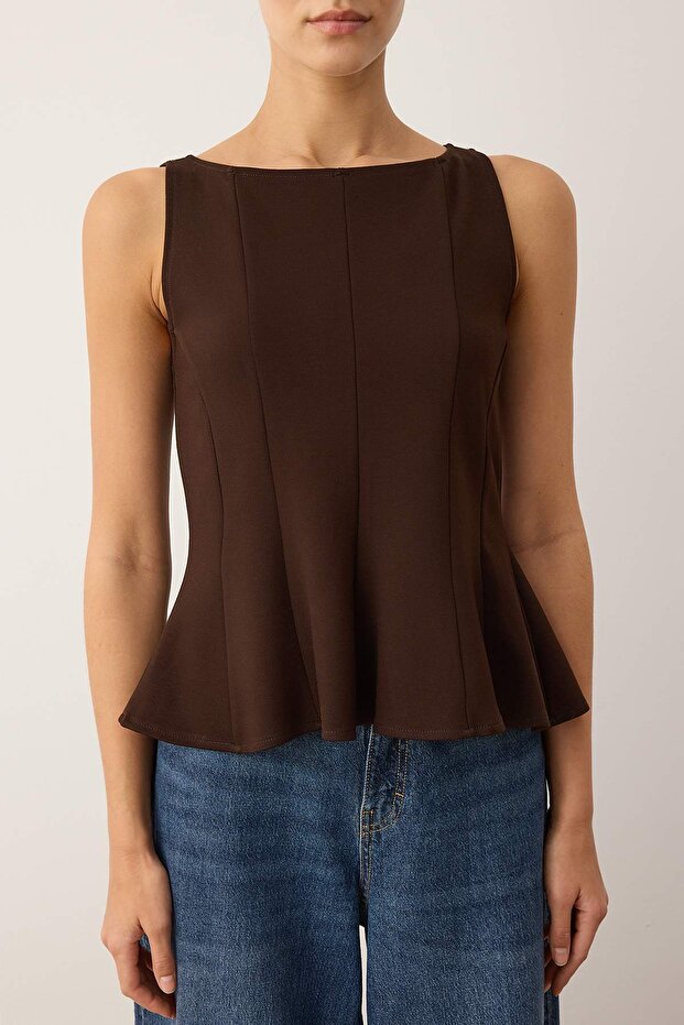 Kahverengi Peplum/Belden Oturmalı Kayık Yaka Esnek Örme Bluz TWOAW26BZ00229 - 3