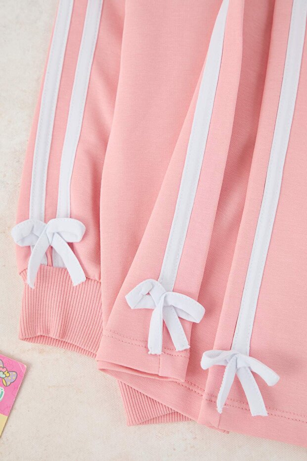 Pembe Kız Çocuk Pamuklu Düz Bisiklet Yaka Oversize Örme Alt - Üst Takım TKDAW26AU00019 - 4